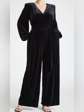 ELOQUII Velvet Wide-Leg Jumpsuit Pants - Black